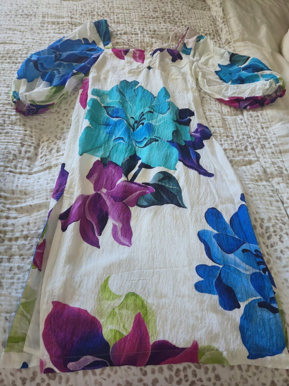 Maeve White Midi Dress with Teal, Blue & Purple Florals